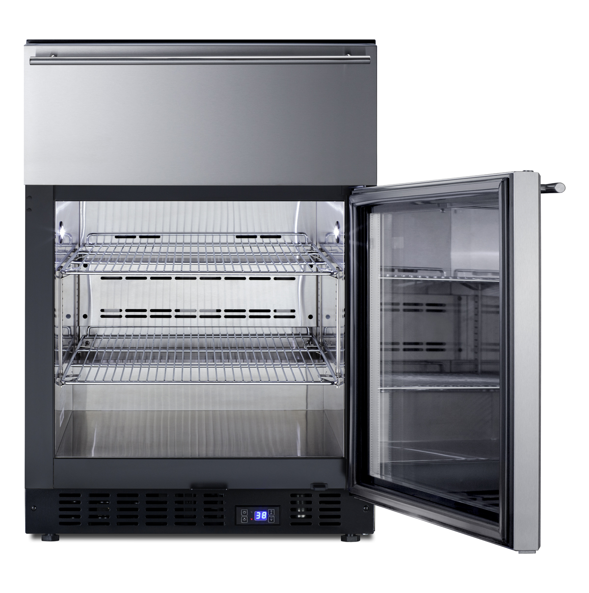 Commercially approved 4.76 cu.ft. undercounter beverage center with glass door and upper refrigerated drawer compartment